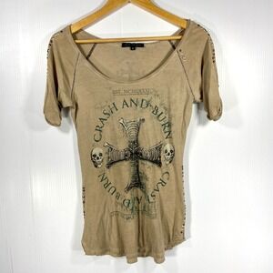 Crash‎ and Burn Tan Graphic Studded Short Sleeve Tee Scoop Neck Womens Small